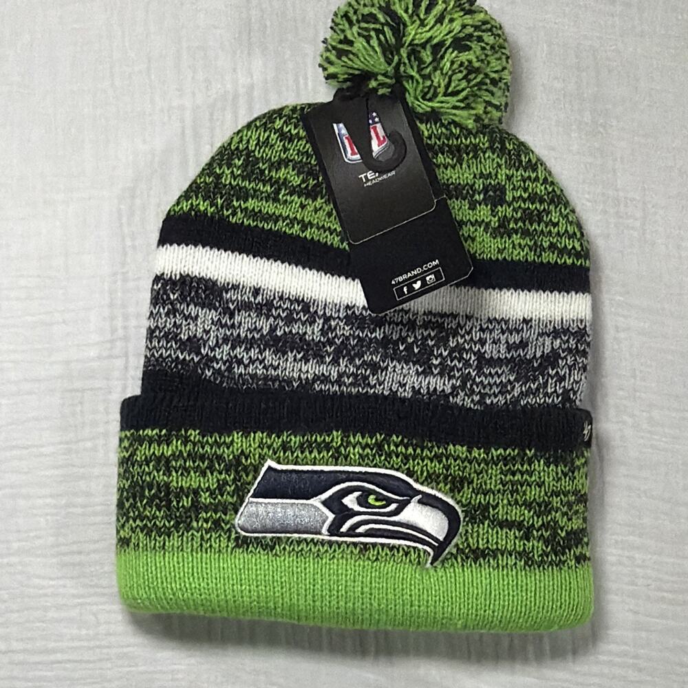 ‘47 Seattle Seahawks NFL Knit Pom Hat Beanie Green Navy Gray White One Size